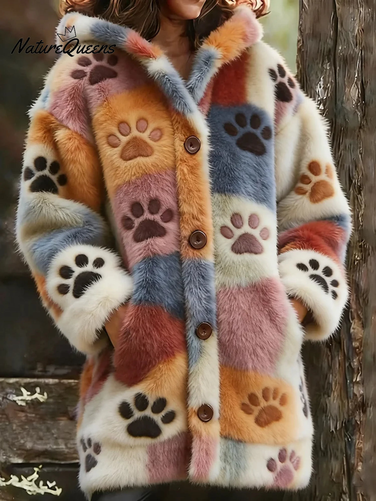 Women's Paw Pattern Art Print Casual Fleece Coat