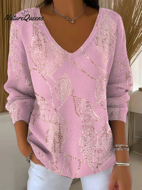 Women's Retro Leaf Art Print V-neck  Loose  Sweater