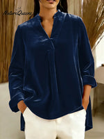 Women's Solid Color V-neck Long Sleeve Casual Loose Velvet Top