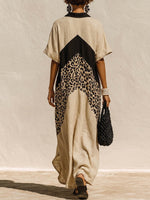Women's Casual Loose Cotton-linen Dress With V-neck Short Sleeves And Placement Print