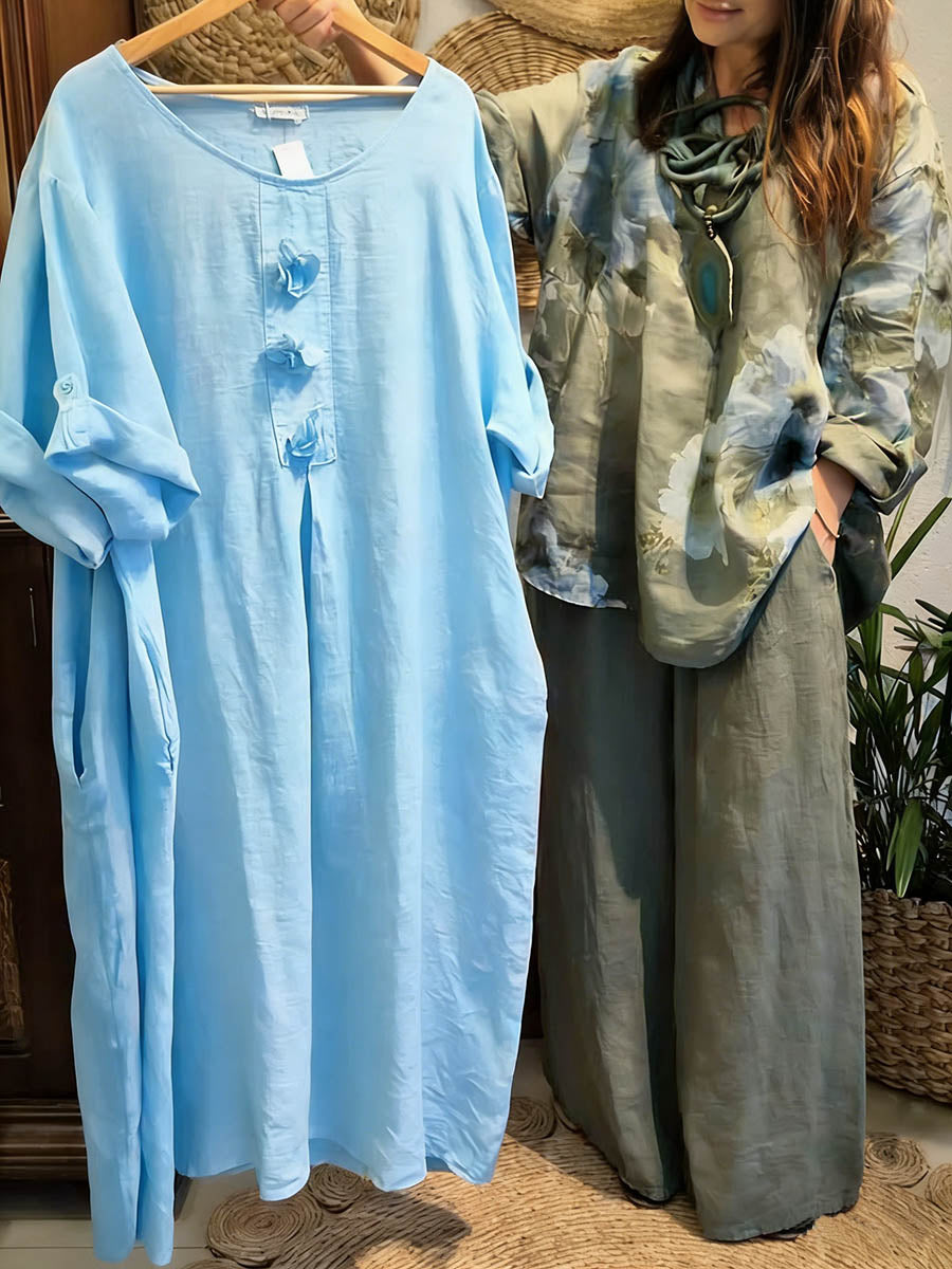 Women's Solid Color Round Neck 3/4 Sleeve Casual Loose Cotton And Linen Dress