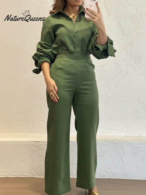 Elegant Cuff Tie Top And Pants Solid Color Linen Two-piece Suit