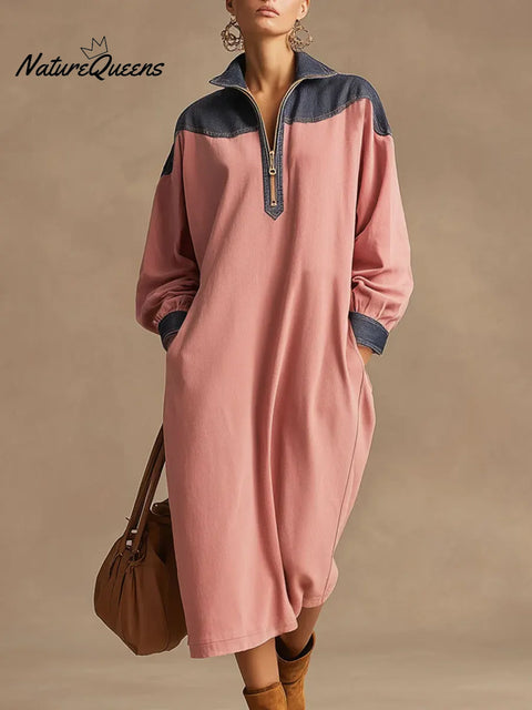 Women's Color-blocked Stand Collar Long Sleeve Casual Loose Cotton Dress