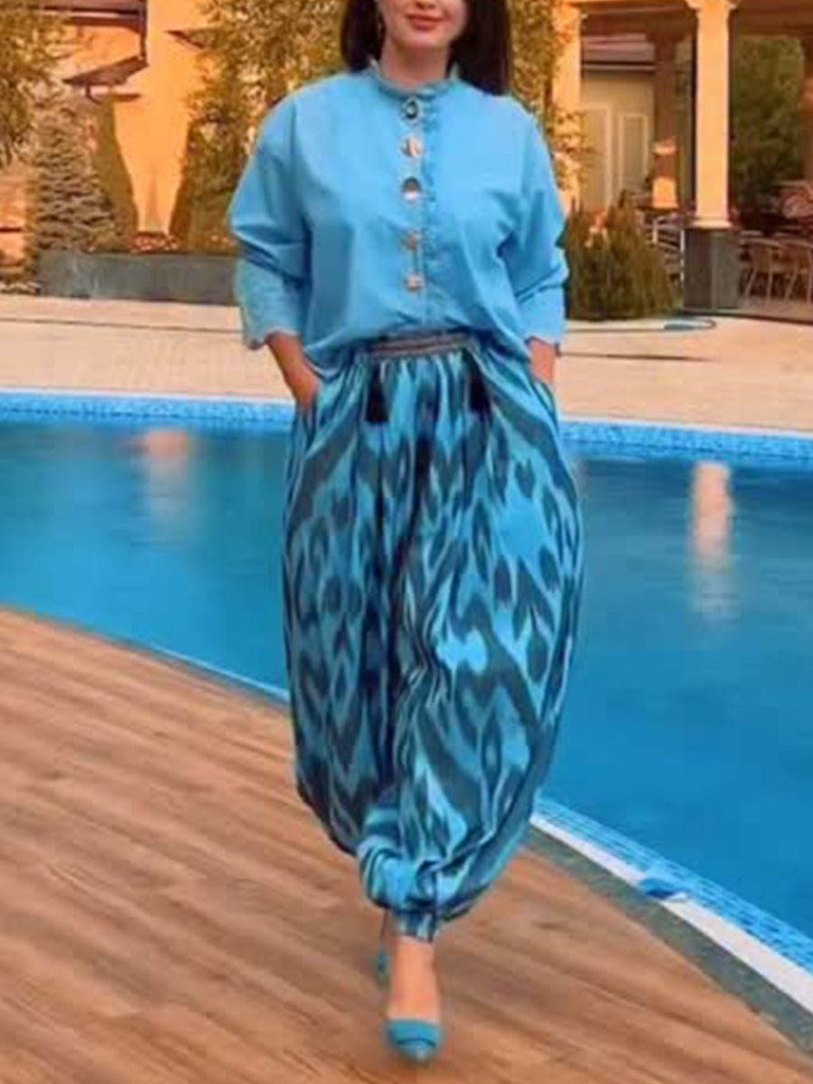 Casual Ruffled Cotton Shirt and Artistic Print Trousers Two-Piece Set