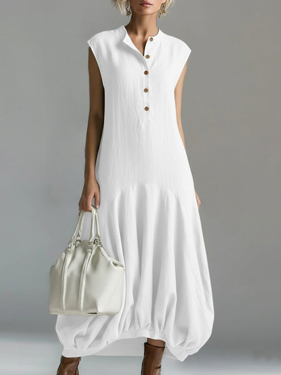 Women's Solid Color Round Neck Sleeveless Casual Loose Cotton And Linen Dress