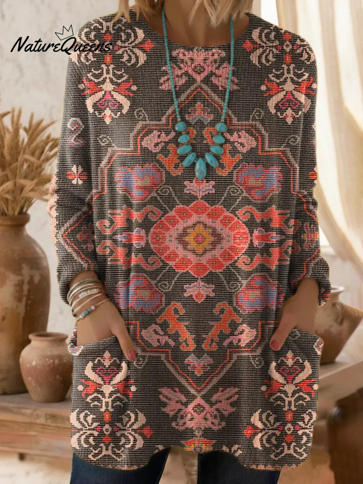 Women's Floral Pattern Art Print Casual Cotton Knitted Sweater