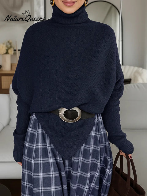 Women's Solid Color Turtleneck Long-sleeved Casual Loose Irregular Hem Pullover Knit Sweater