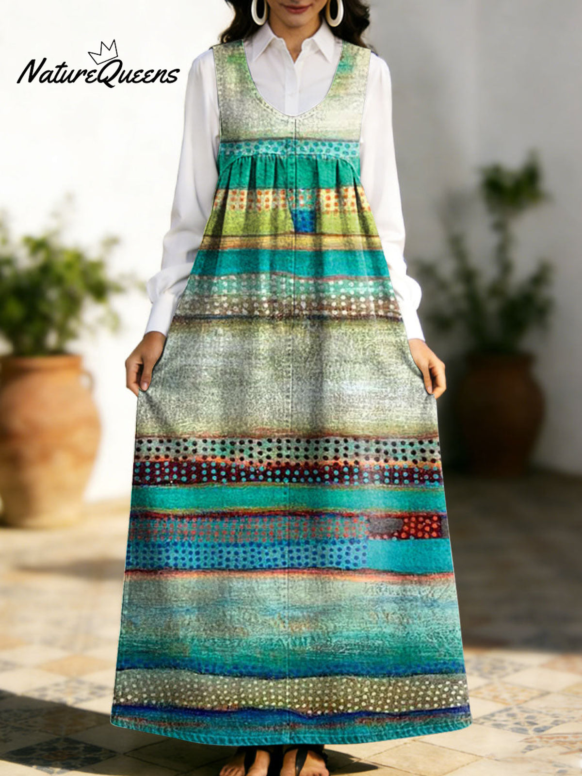 Women's Retro Splicing Colorful Stripe Pattern Art Print Casual Cotton Denim Dress