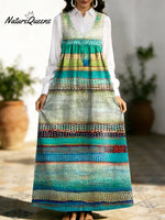 Women's Retro Splicing Colorful Stripe Pattern Art Print Casual Cotton Denim Dress