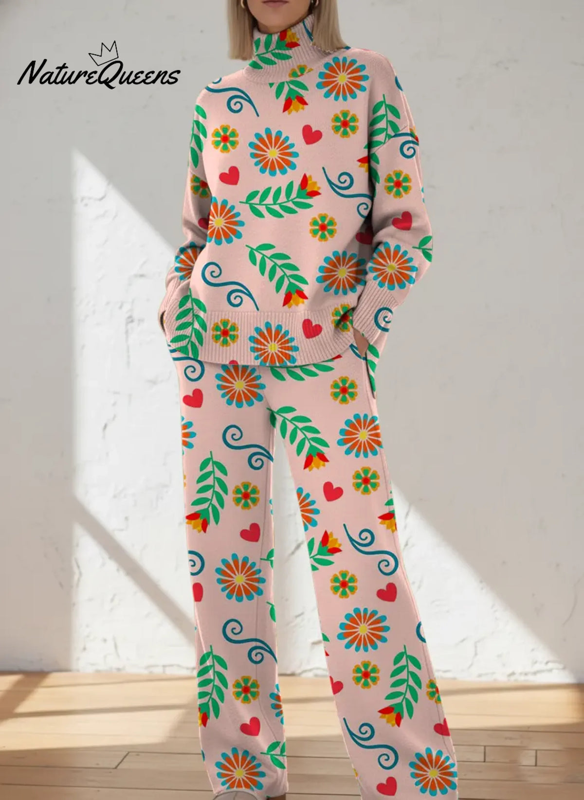Women's Vintage Flower Art Print Casual Knitted Cotton Top Pants Suit