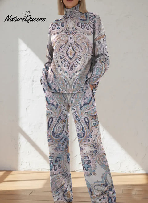 Women's Retro Cashew Flowers Art Print Casual Knit Set