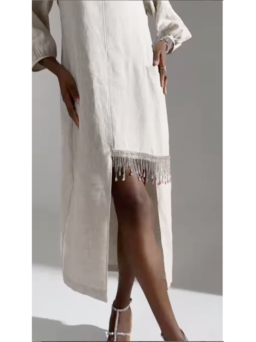 Casual Linen And Cotton Dress With Chain And Rhinestone Embellishments On The Hem