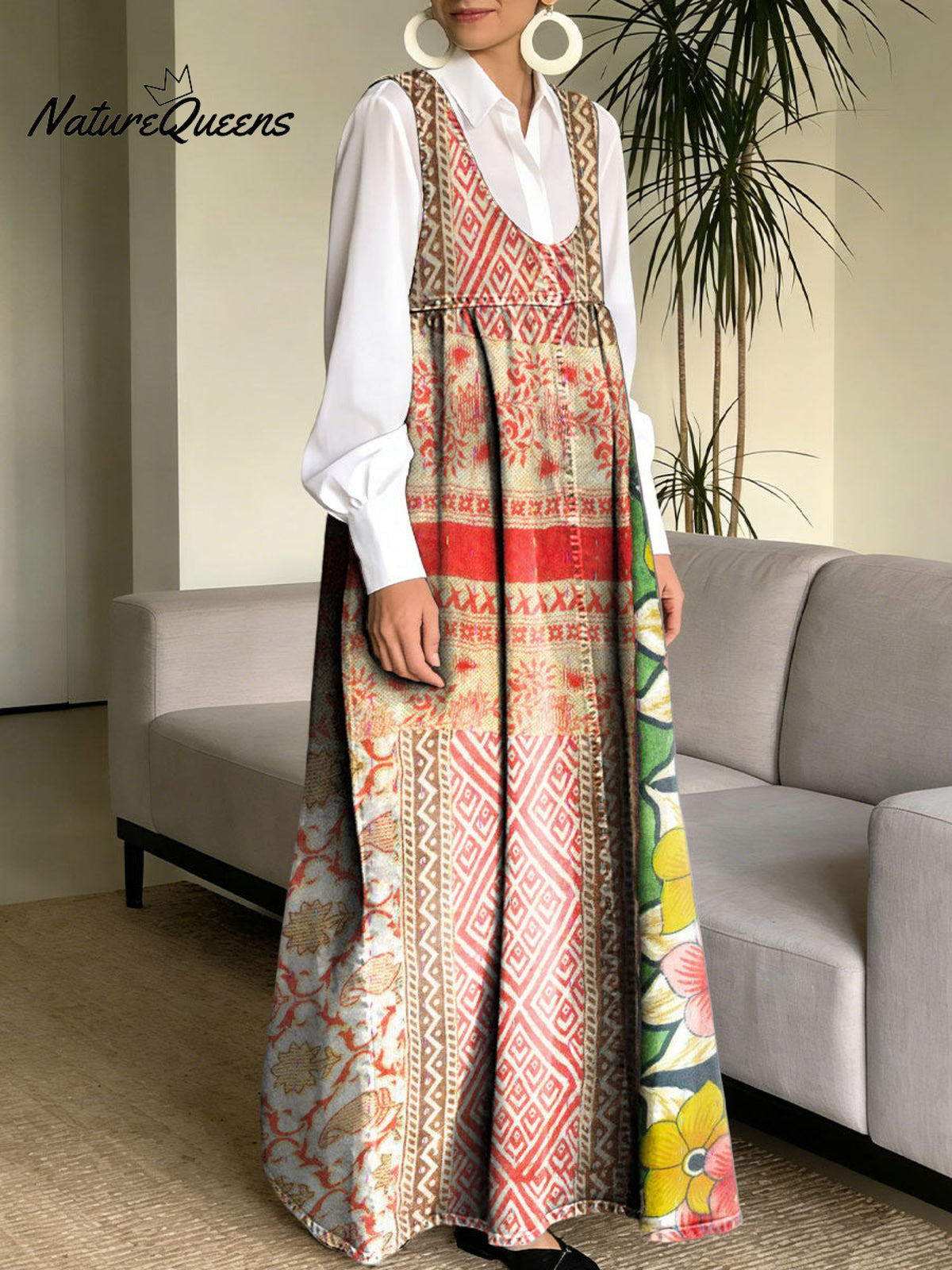 Women's Retro Splicing Colorful Flowers Pattern Art Print Casual Cotton Denim Dress