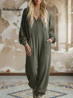 Casual Cozy Loose Hooded Button-up Cotton Jumpsuit
