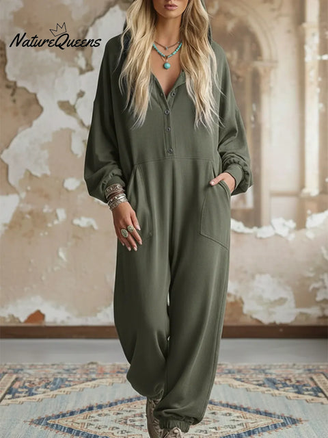 Casual Cozy Loose Hooded Button-up Cotton Jumpsuit