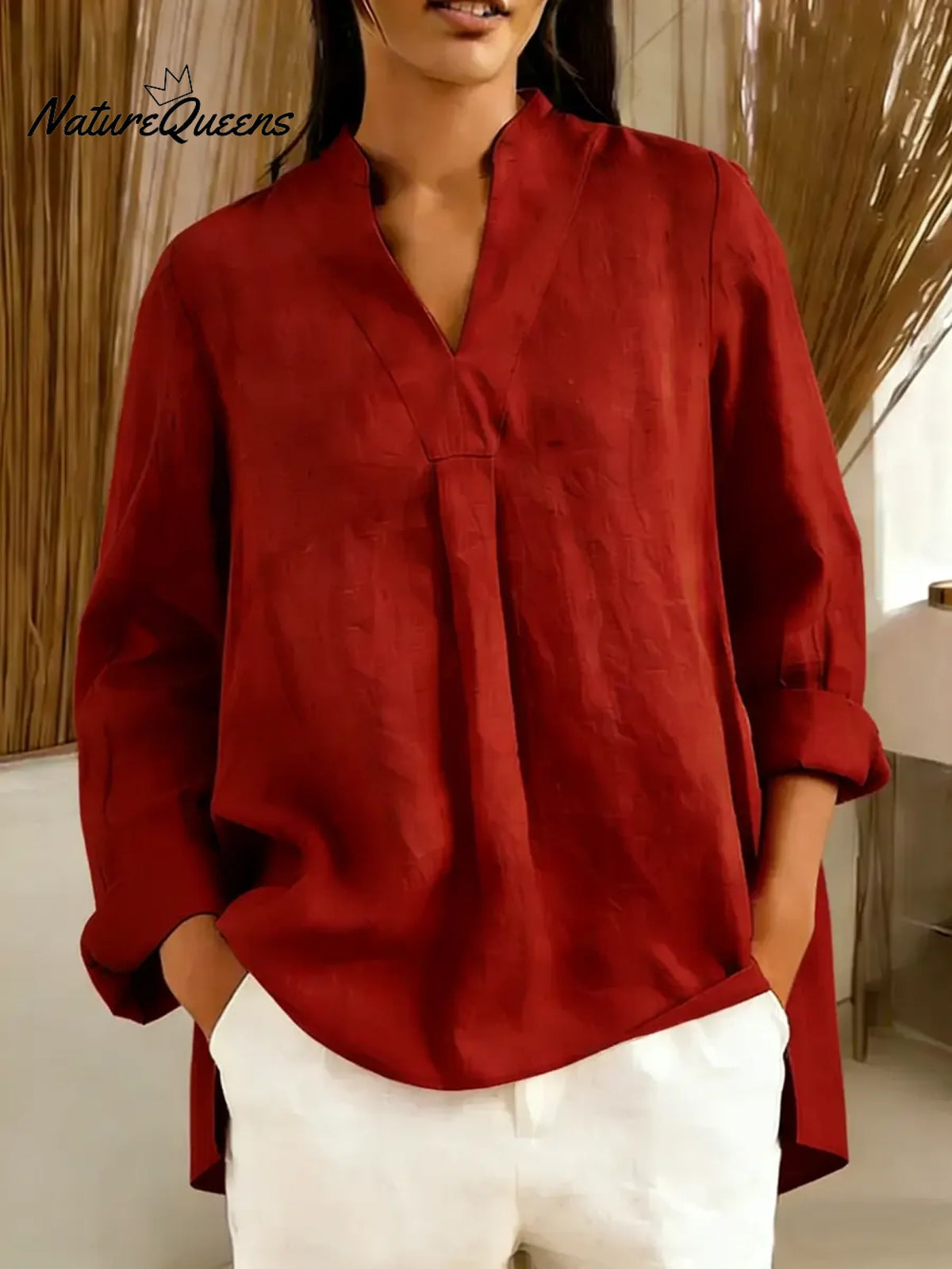 Women's Solid Color V-neck Long Sleeve Casual Loose Cotton Top