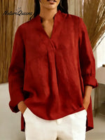 Women's Solid Color V-neck Long Sleeve Casual Loose Cotton Top