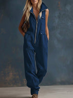 Women's Solid Color Stand-collar Sleeveless Casual Loose Cotton Wide-leg Jumpsuit