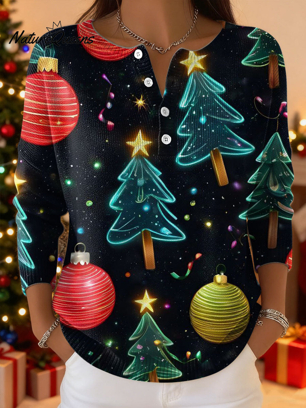 Women's Christmas Pattern Art Print Buttoned Cardigan Sweater