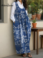 Women's Vintage Artistic Flowers Casual Loose Denim Vest Dress