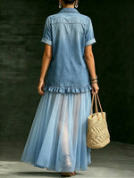 Women's Retro Lapel Denim Organza Patchwork Art Casual Maxi Dress