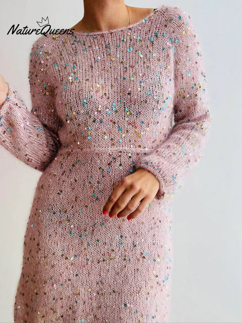 Christmas Party Elegant Sparkling V-neck Knit Dress