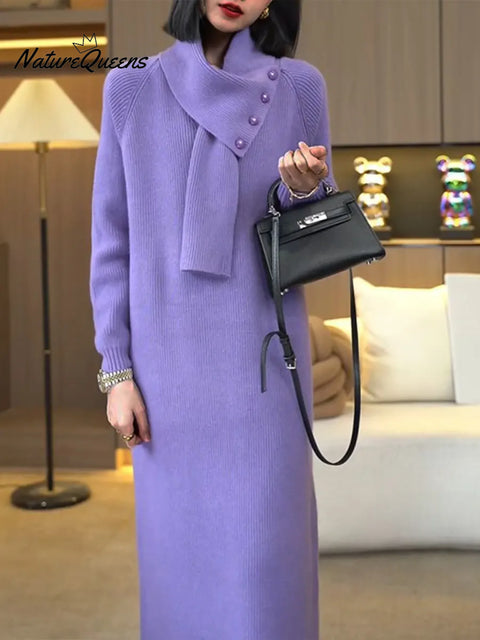 Women's Cozy Sweater Dress With Detachable Scarf