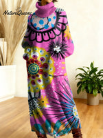 Women's Retro Geometry Abstraction Color Gradient High-neck Long-sleeve Casual Loose Knit Dress