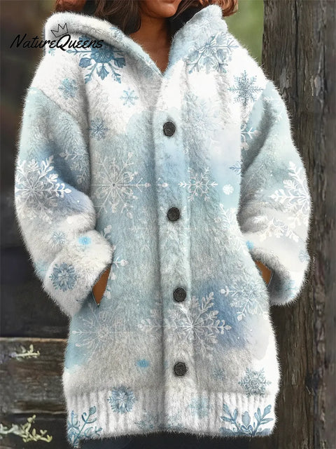 Blue Gradient Snowflake Printed Knit Hoodie