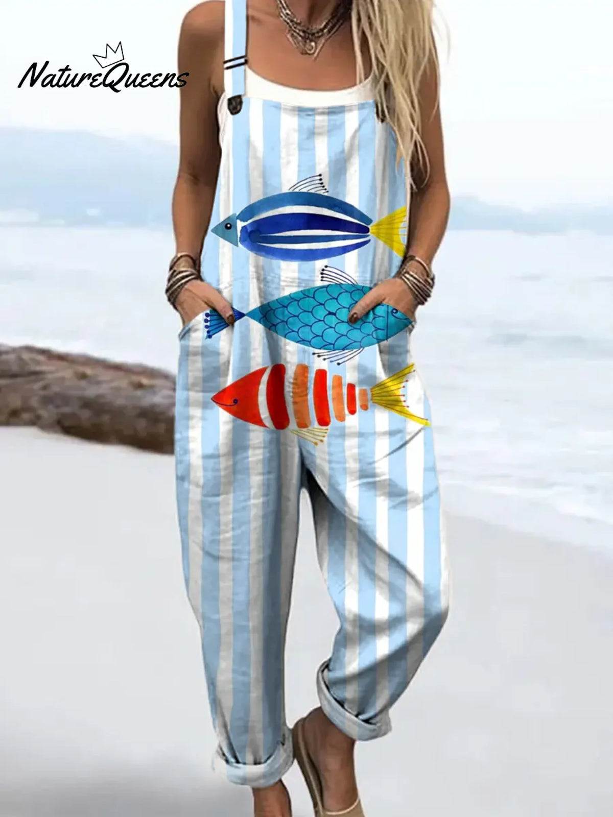 Women's Vintage FishArt Print Casual 100% Cotton Wide Leg Jumpsuit