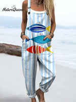 Women's Vintage FishArt Print Casual 100% Cotton Wide Leg Jumpsuit