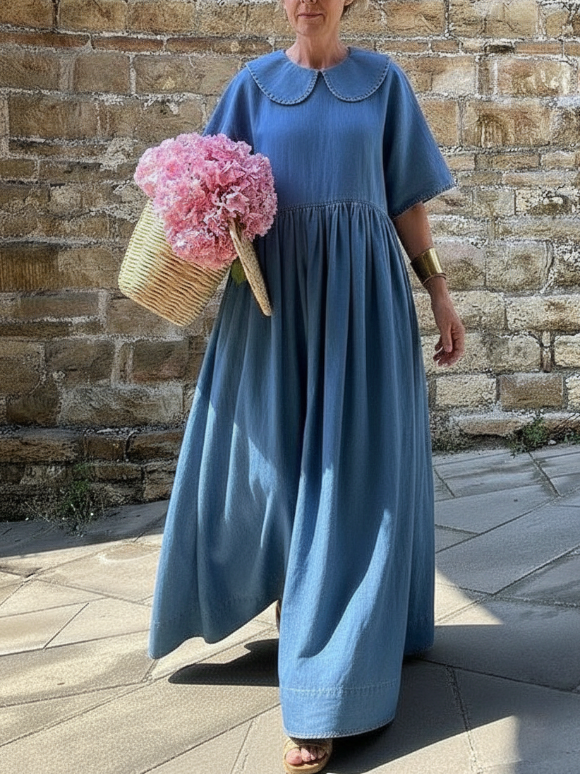 Cozy Vintage Peter Pan Collar Loose Denim Cotton Dress
