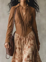 Women's Floral Fringe Art Casual Long Sleeve Maxi Dress