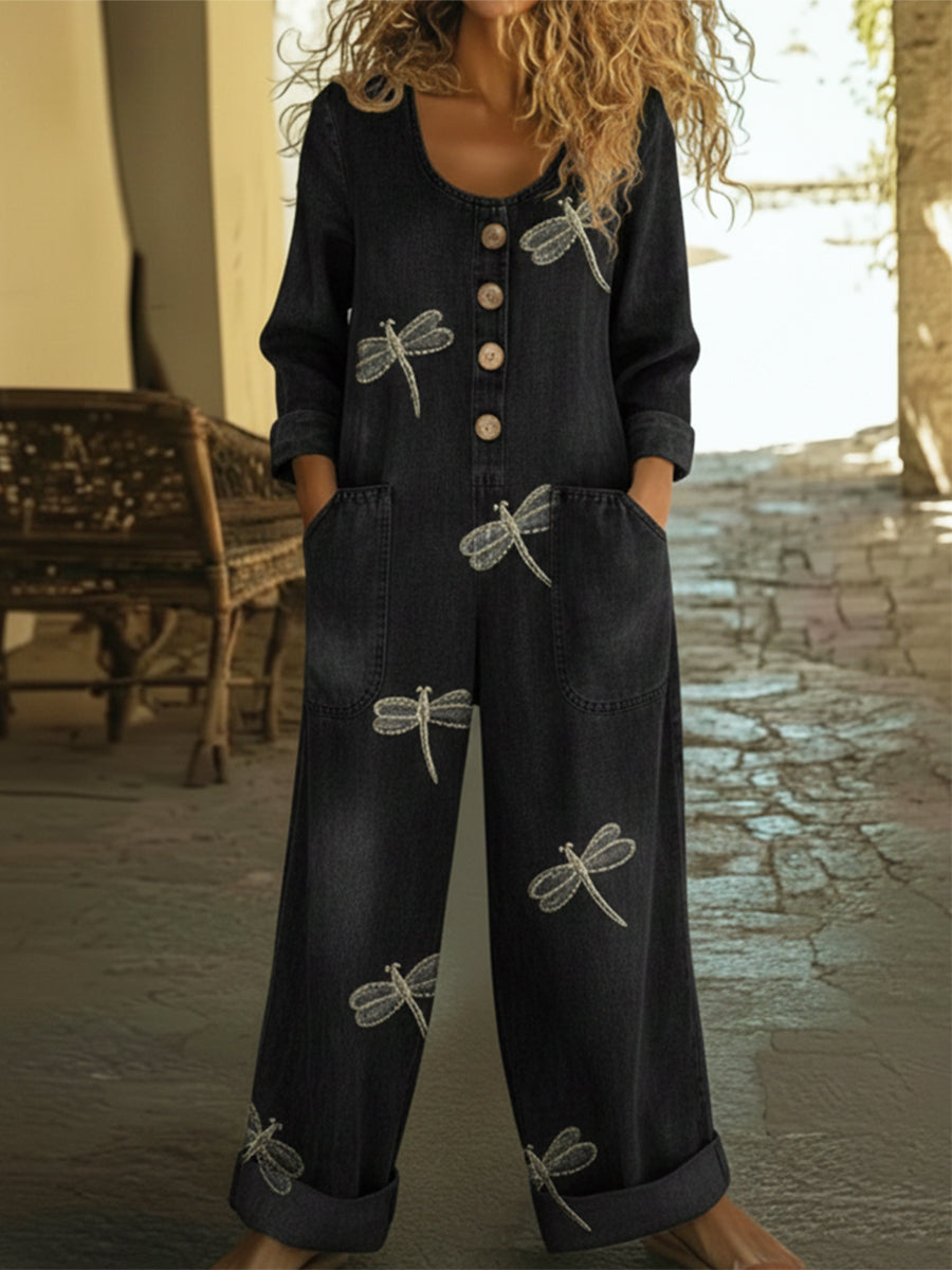 Casual Dragonfly Print Denim Jumpsuit