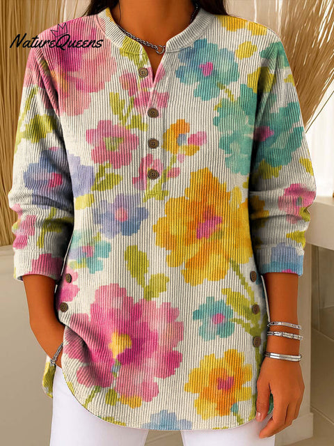 Women's Color Flowers Gradient Print Casual Cotton Shirt