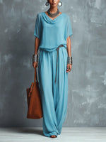 Women's Solid-color Chiffon Two-piece Set: Cowl-neck Short-sleeve Top & High-waisted Loose Wide-leg Pants