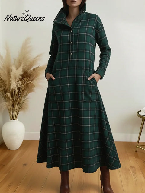 Women's Christmas Plaid Long-sleeved Cotton Dress