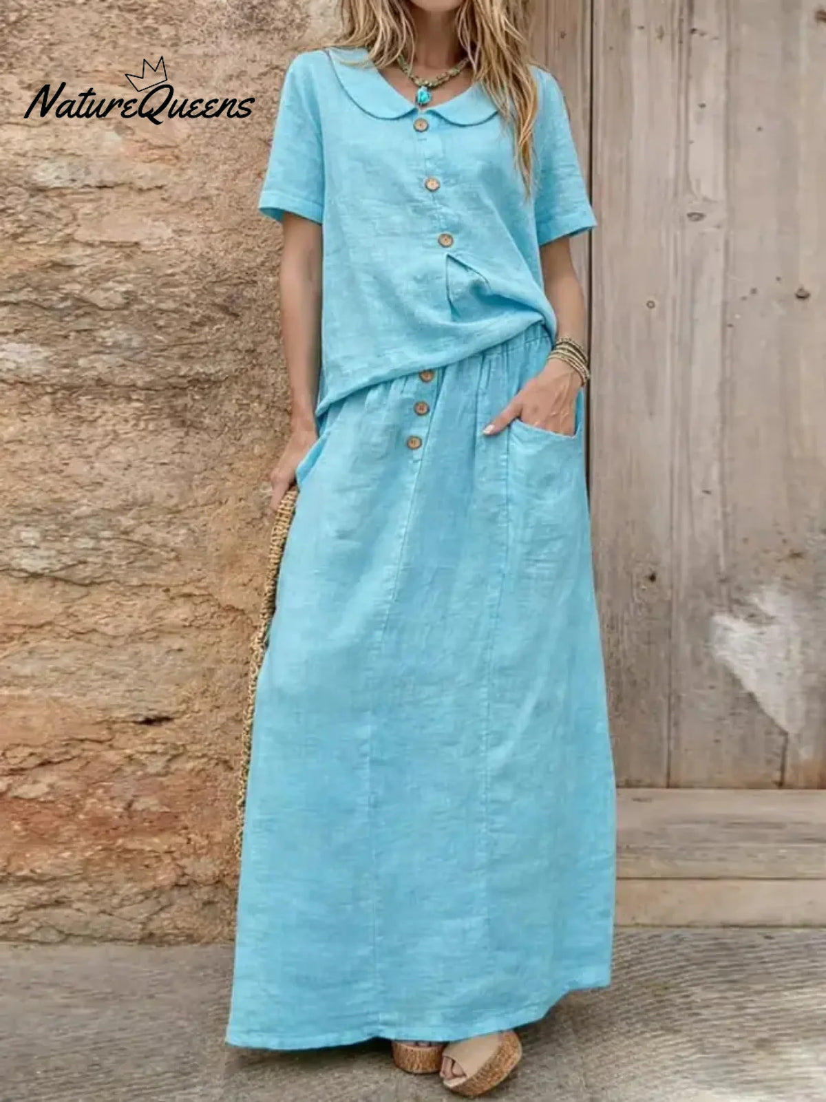 Women's Solid Color Peter Pan Collar Short-sleeved Loose Casual Top Paired With A High-waisted Loose Casual Skirt A Cotton And