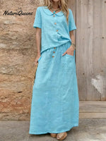 Women's Solid Color Peter Pan Collar Short-sleeved Loose Casual Top Paired With A High-waisted Loose Casual Skirt A Cotton And