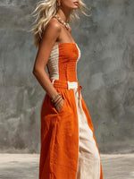 Women's Contrasting Orange And Ecru Off-the-shoulder Cotton-linen Jumpsuit