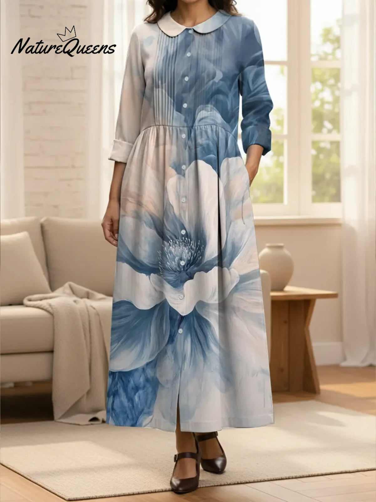 Women's Watercolor Flower Art Cotton And Linen Dress