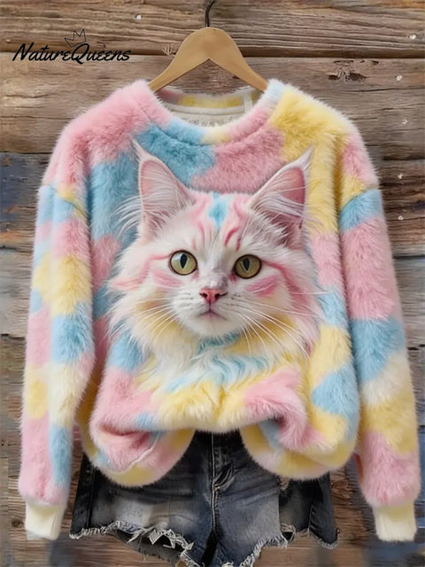 Women's Funny Cat Pattern Art Print Casual Velvet Sweatshirt