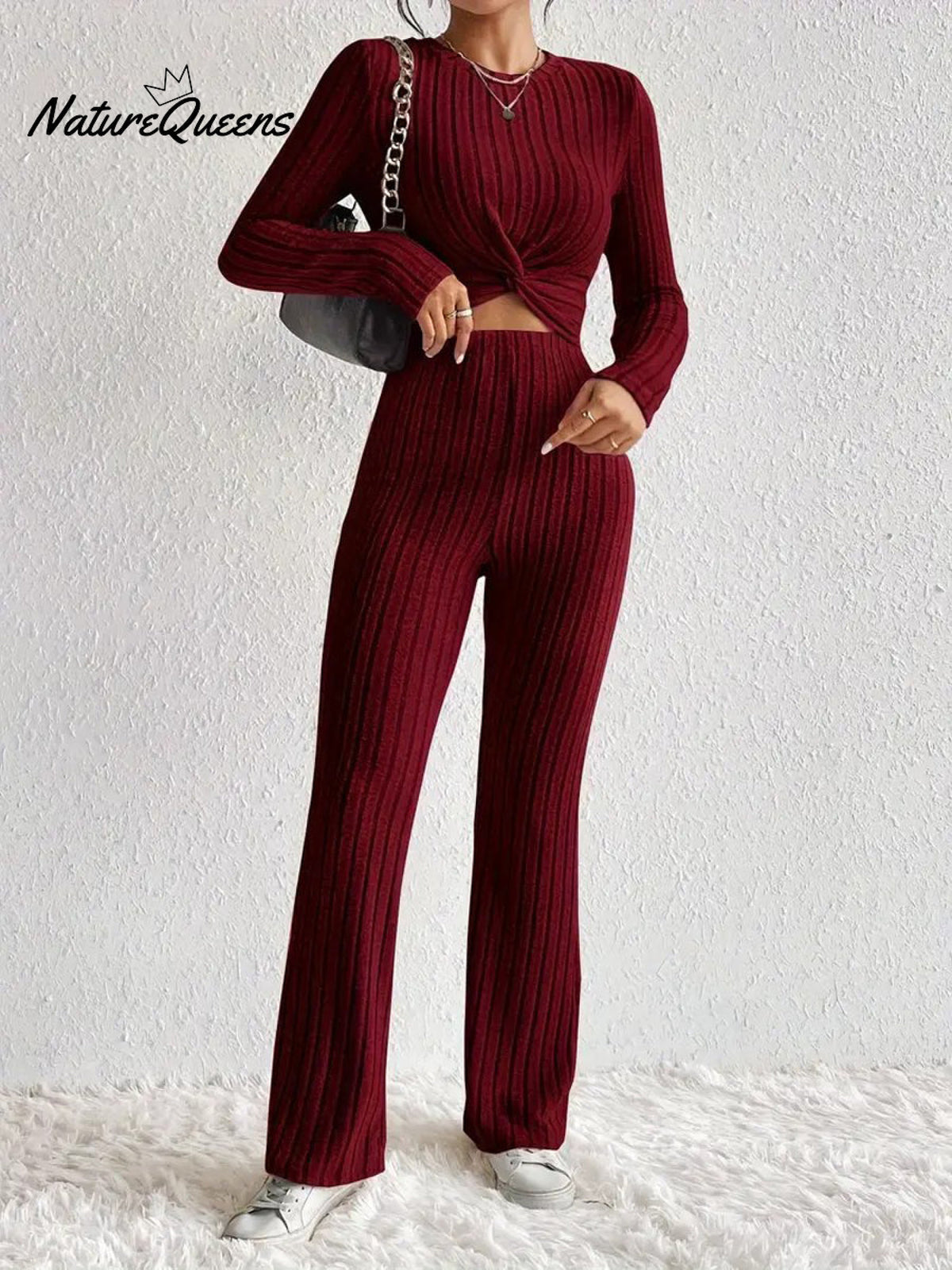 Women's Solid Color Two-piece Set Long-sleeved Top Slim-fit Pants