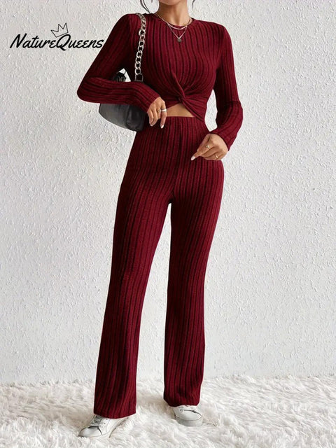 Women's Solid Color Two-piece Set Long-sleeved Top Slim-fit Pants