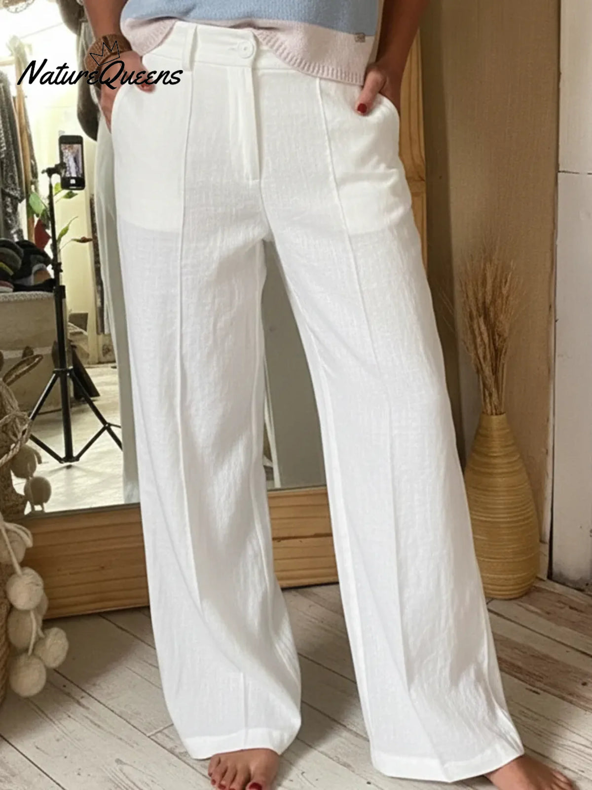 Classic Wooden Button Solid Color Linen Trousers