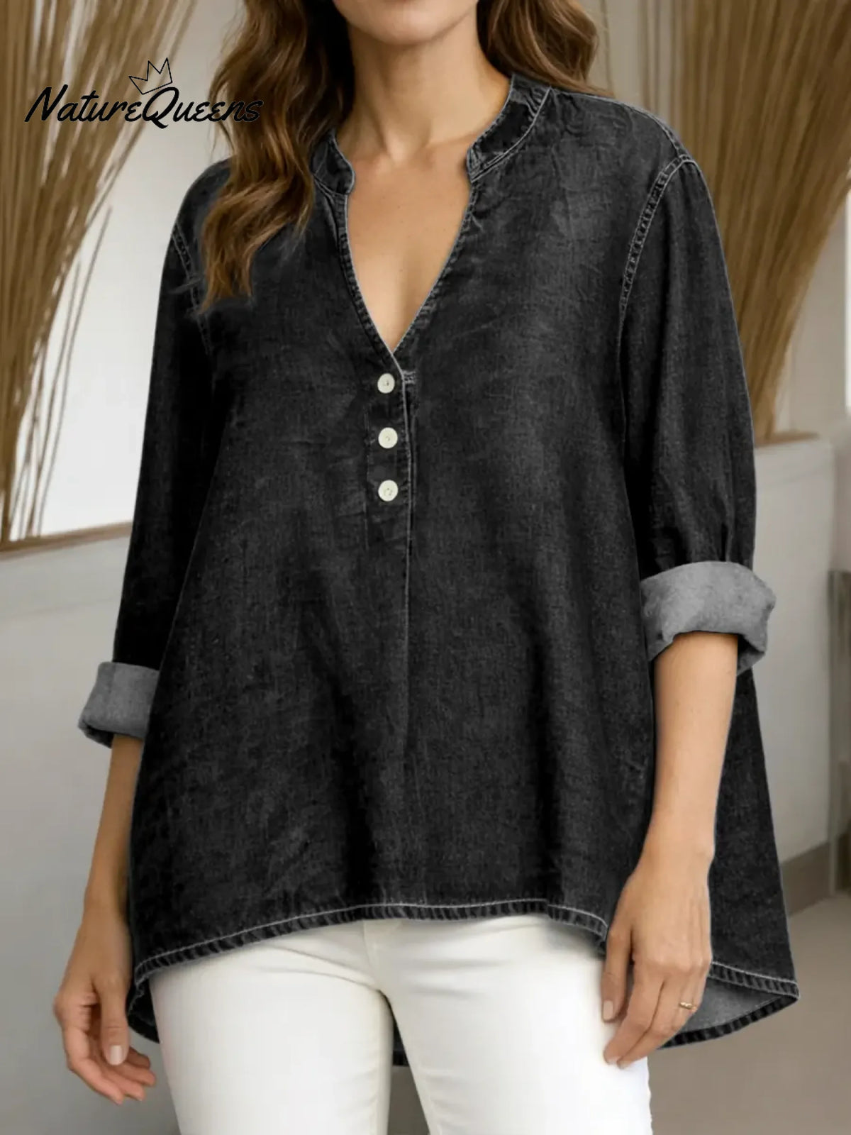 Women's V-neck Long-sleeved Casual Loose Denim Top