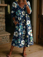 Women's Flower Print Casual Loose-fit Cotton-linen Dress With Lace Trim And Paneling