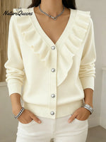 Women's Solid Color V-neck Long Sleeve Casual Loose Ruffled Knit Cardigan