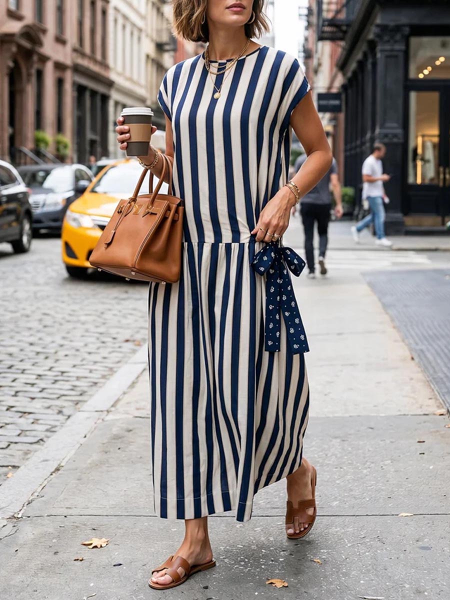 Women's Striped Print Round-neck Short-sleeve Casual Loose Cotton-linen Dress