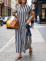 Women's Striped Print Round-neck Short-sleeve Casual Loose Cotton-linen Dress